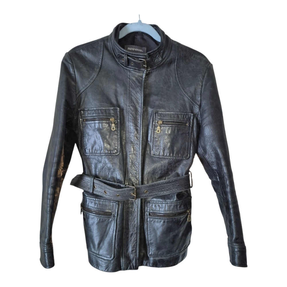 Distressed Rugged Vintage Leather Belted Jacket w/Pockets